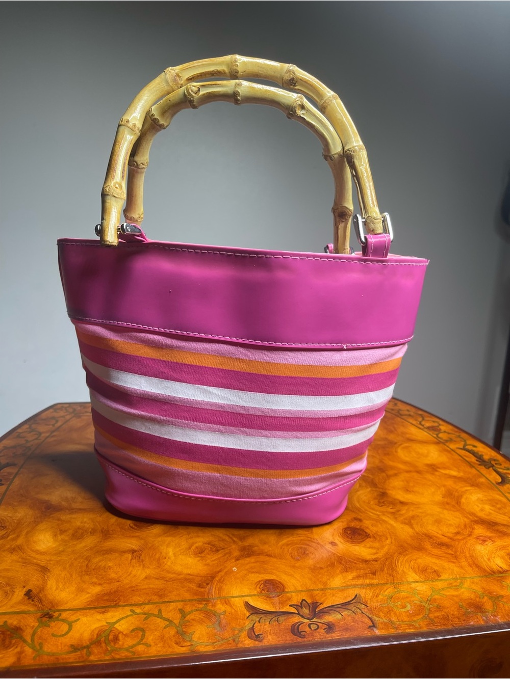 Fashion Bug Pink and Orange Striped Tote with Bamboo Handles